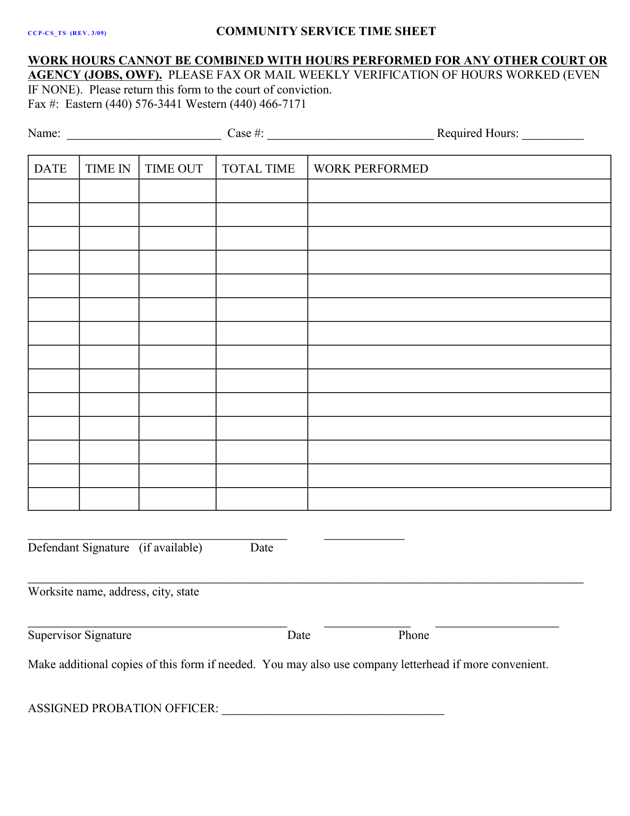 Printable Court Ordered Community Service Hours Log Sheet