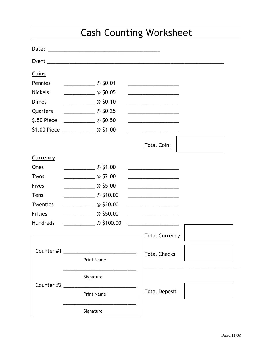 Printable Daily Cash Drawer Count Sheet