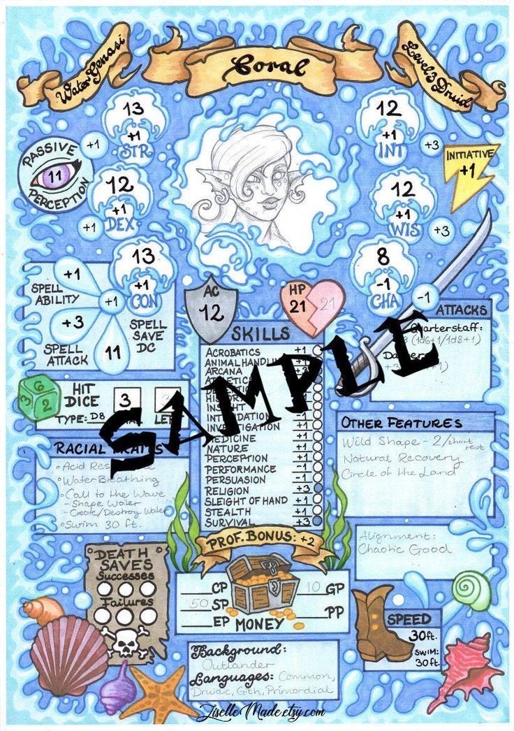Printable Dungeons Dragons Character Sheet PDF Aquatic Etsy 