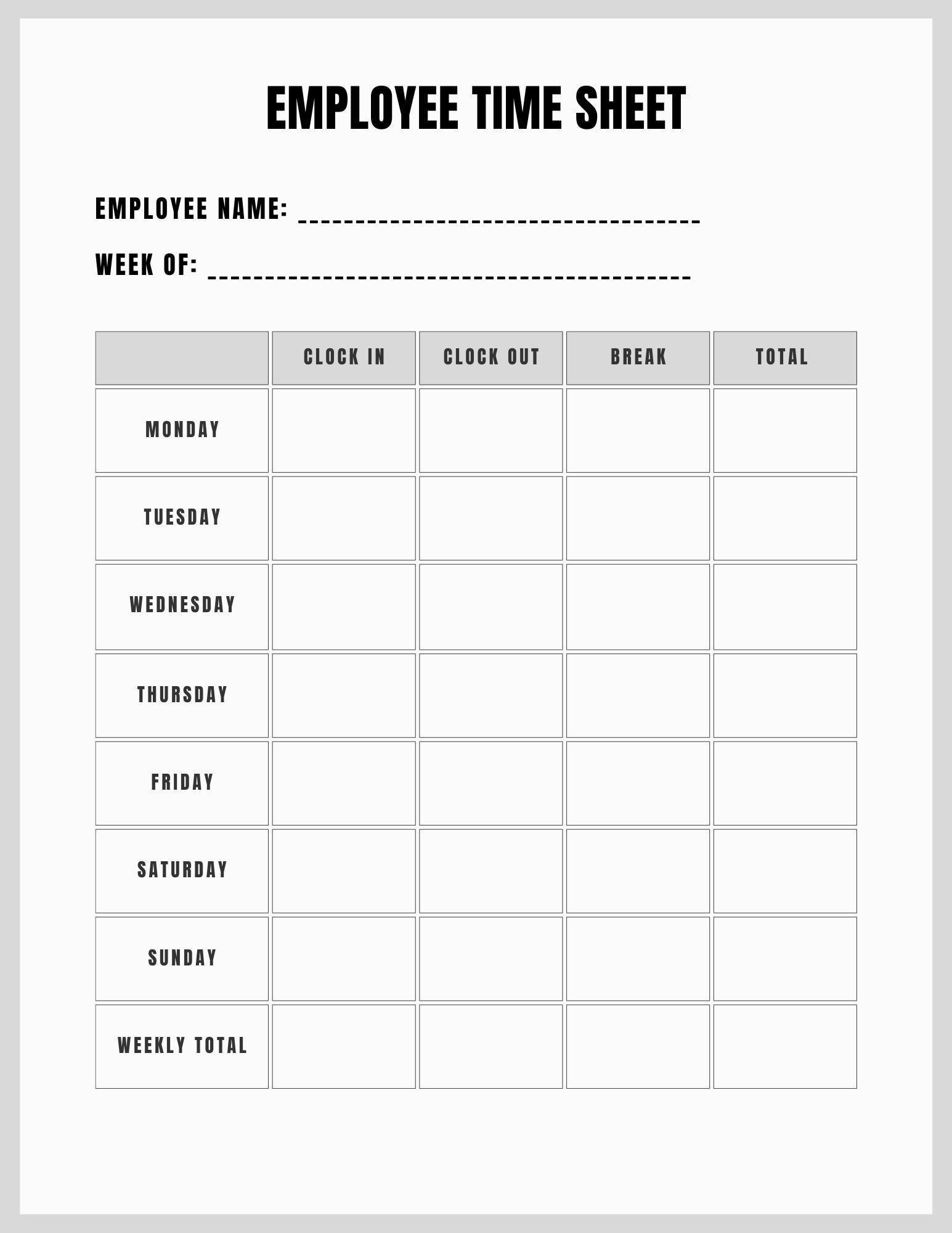 Printable Employee Timesheet Printable Timecard Work Schedule Tracker 