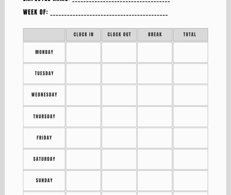 Printable Employee Timesheet Printable Timecard Work Schedule Tracker