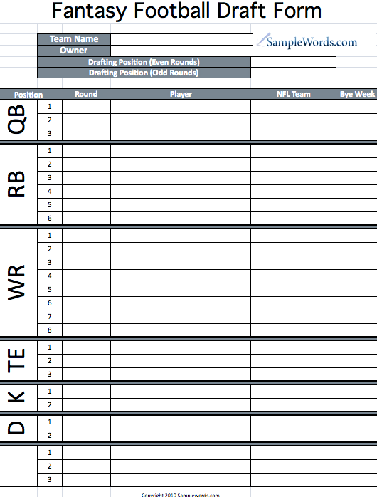 Printable Fantasy Football Draft Sheets Printable Blank World