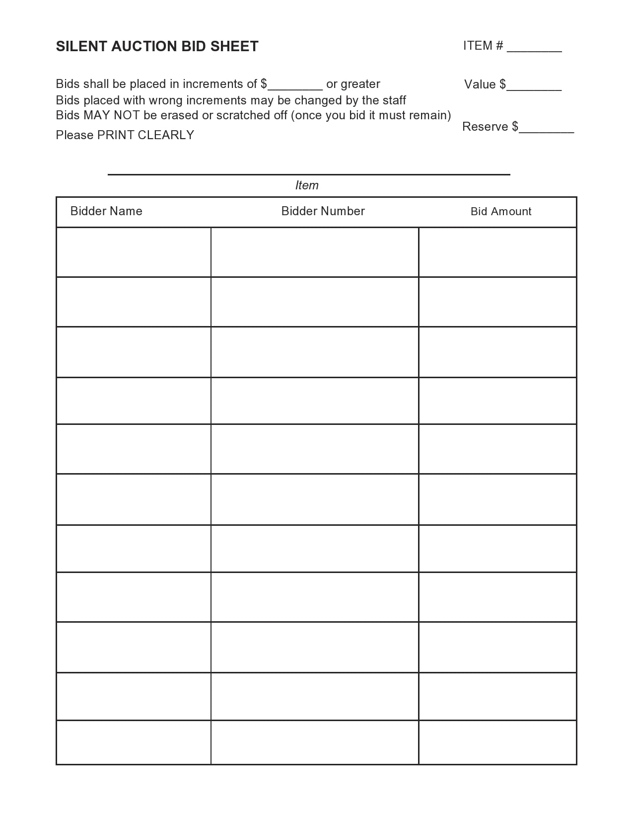 Printable Fundraiser Silent Auction Bid Sheet
