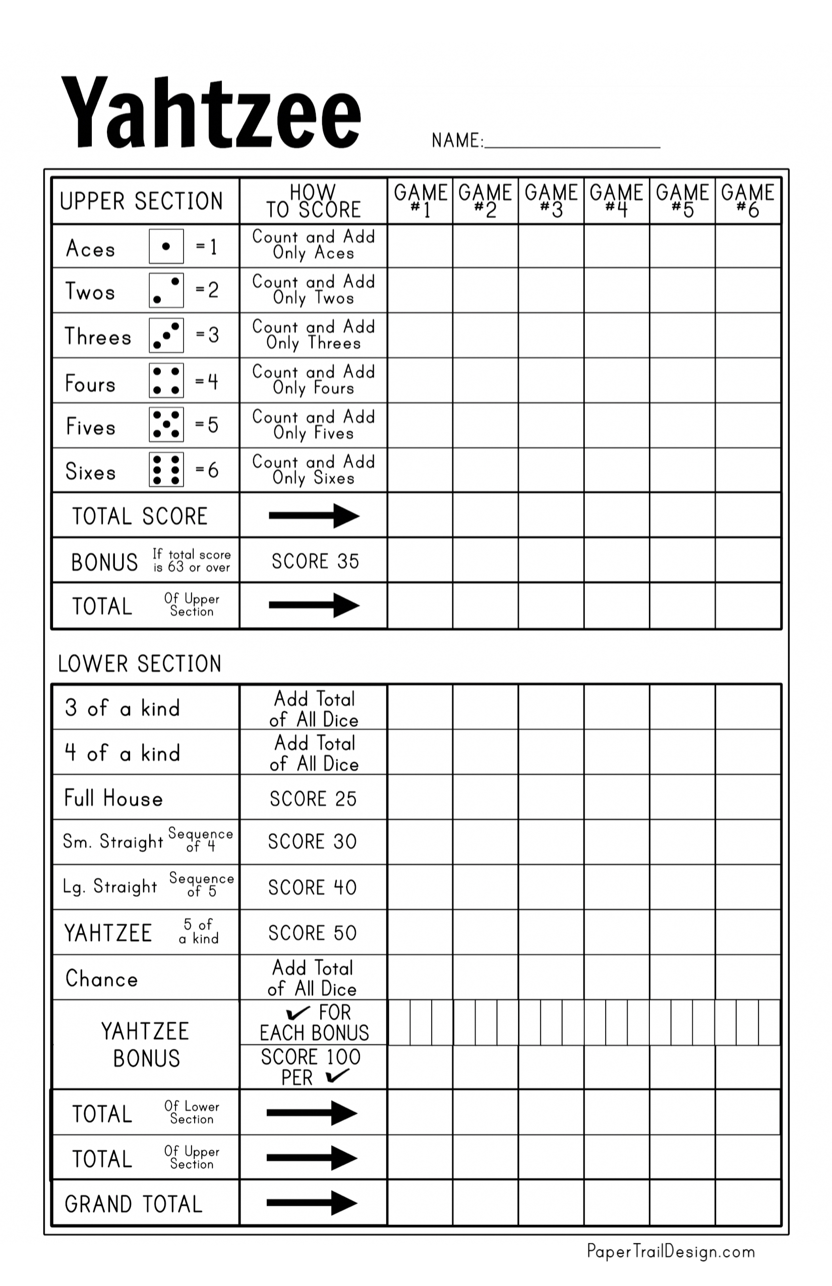 Printable Large Print Yahtzee Score Sheets