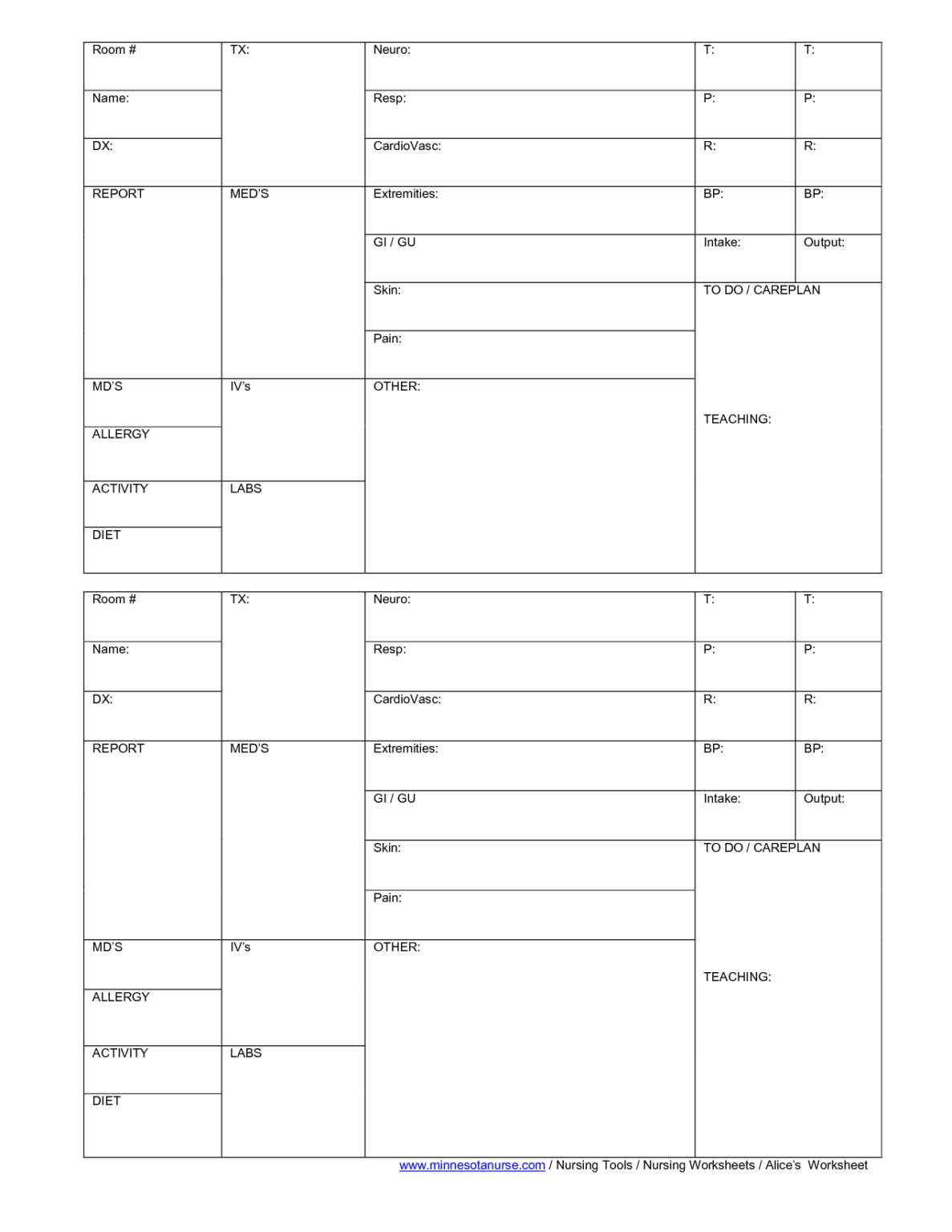 Printable Nurse Report Sheet