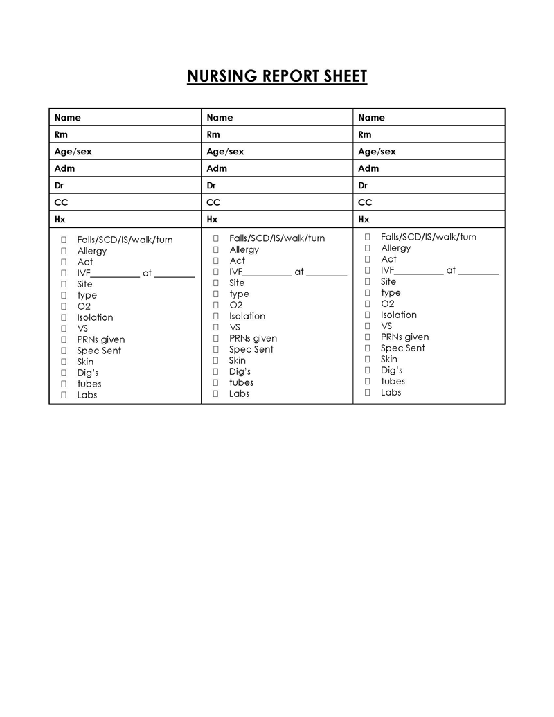 Printable Nursing Report Sheet Customize And Print Bilarasa