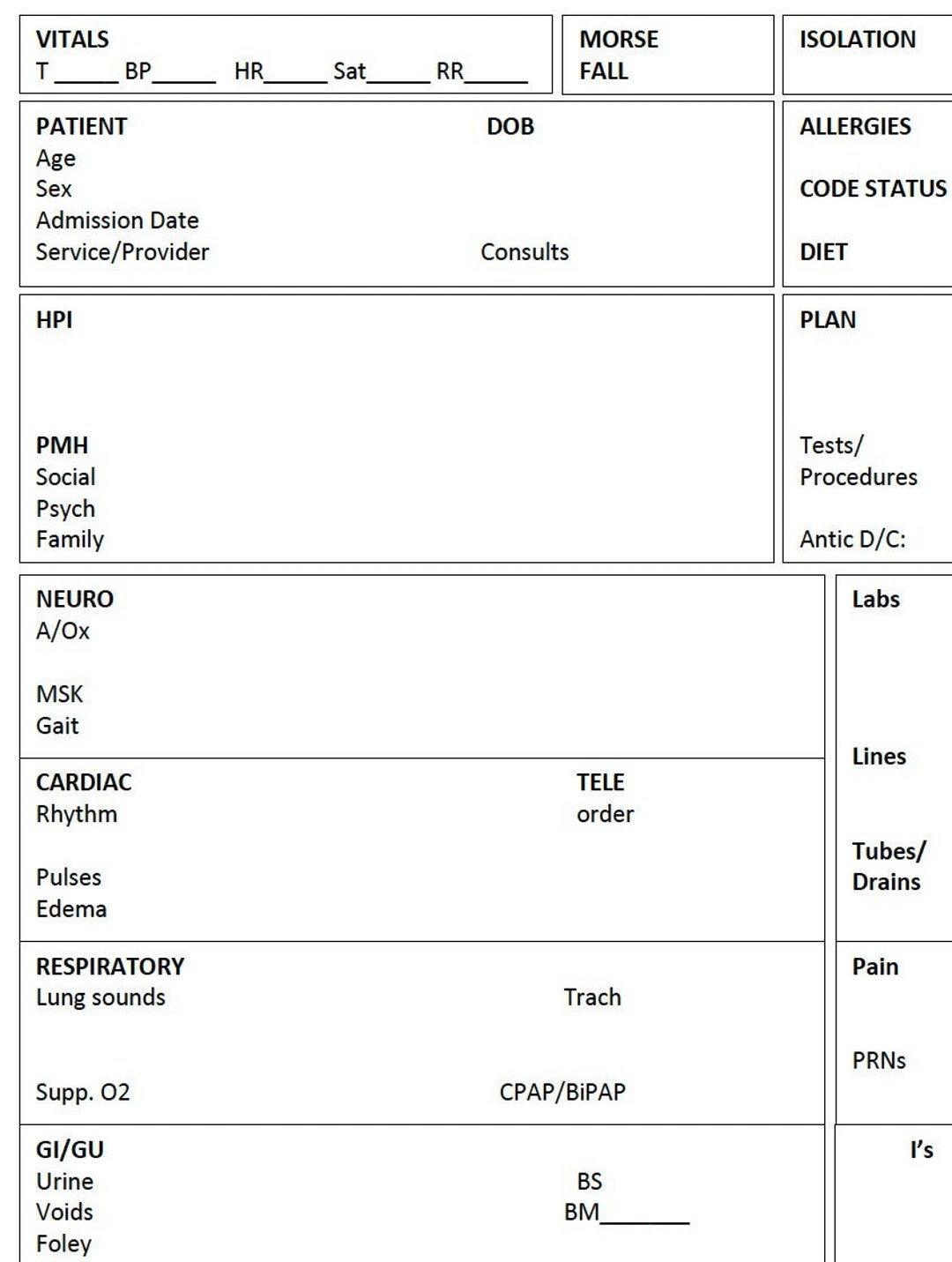 Printable Nursing Report Sheet Nurse Brain Sheet Single Patient 