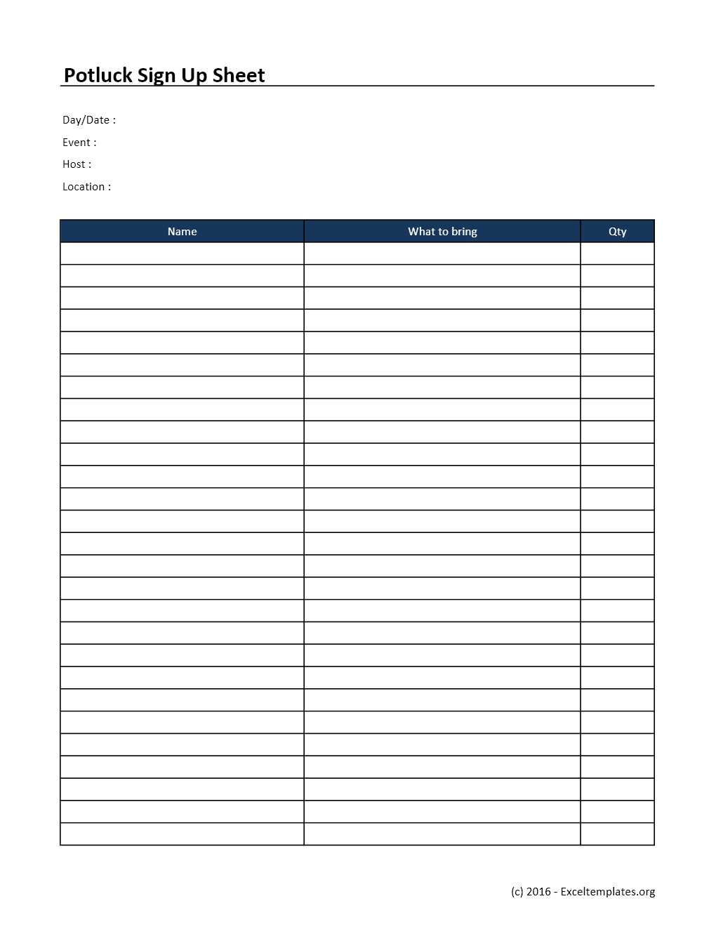 Printable Potluck Sign Up Sheet