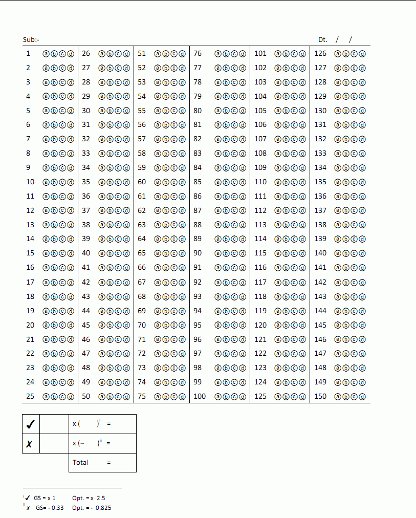 Printable Scantron Bubble Sheet