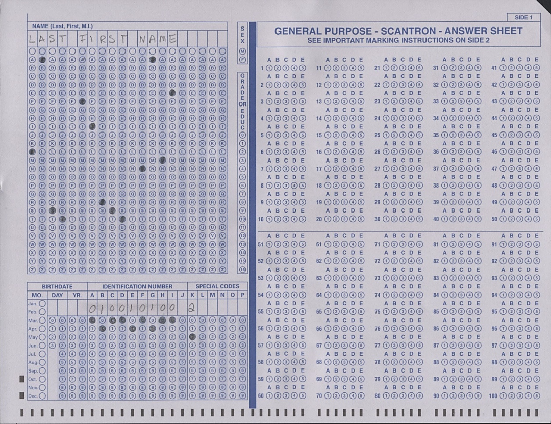 Printable Scantron Sheet