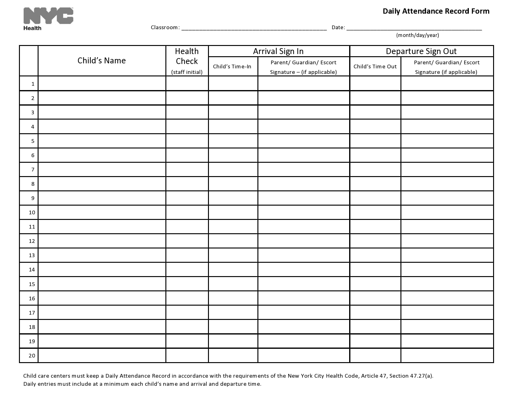 Printable Sign Out Sheet
