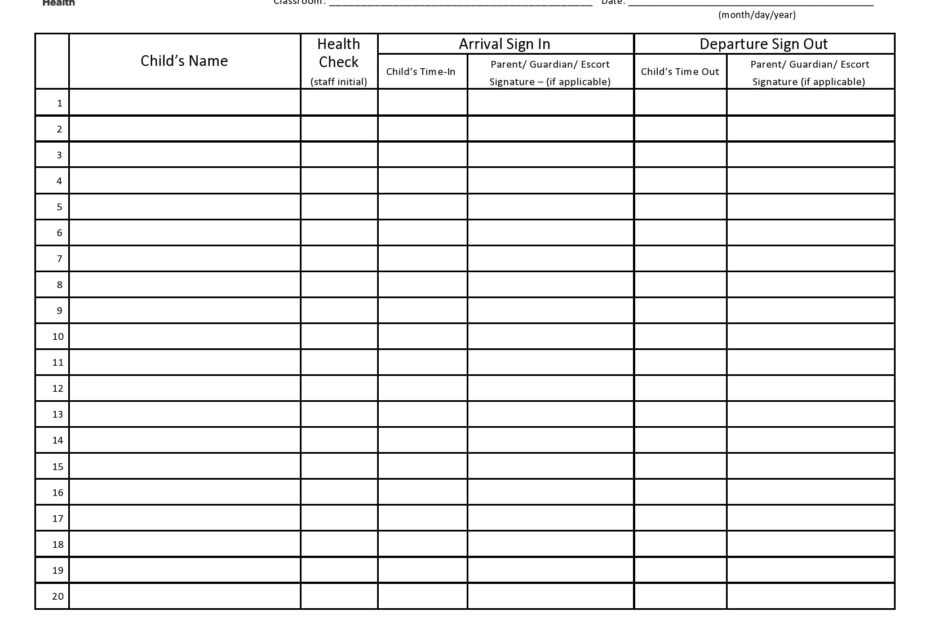Printable Sign Out Sheet