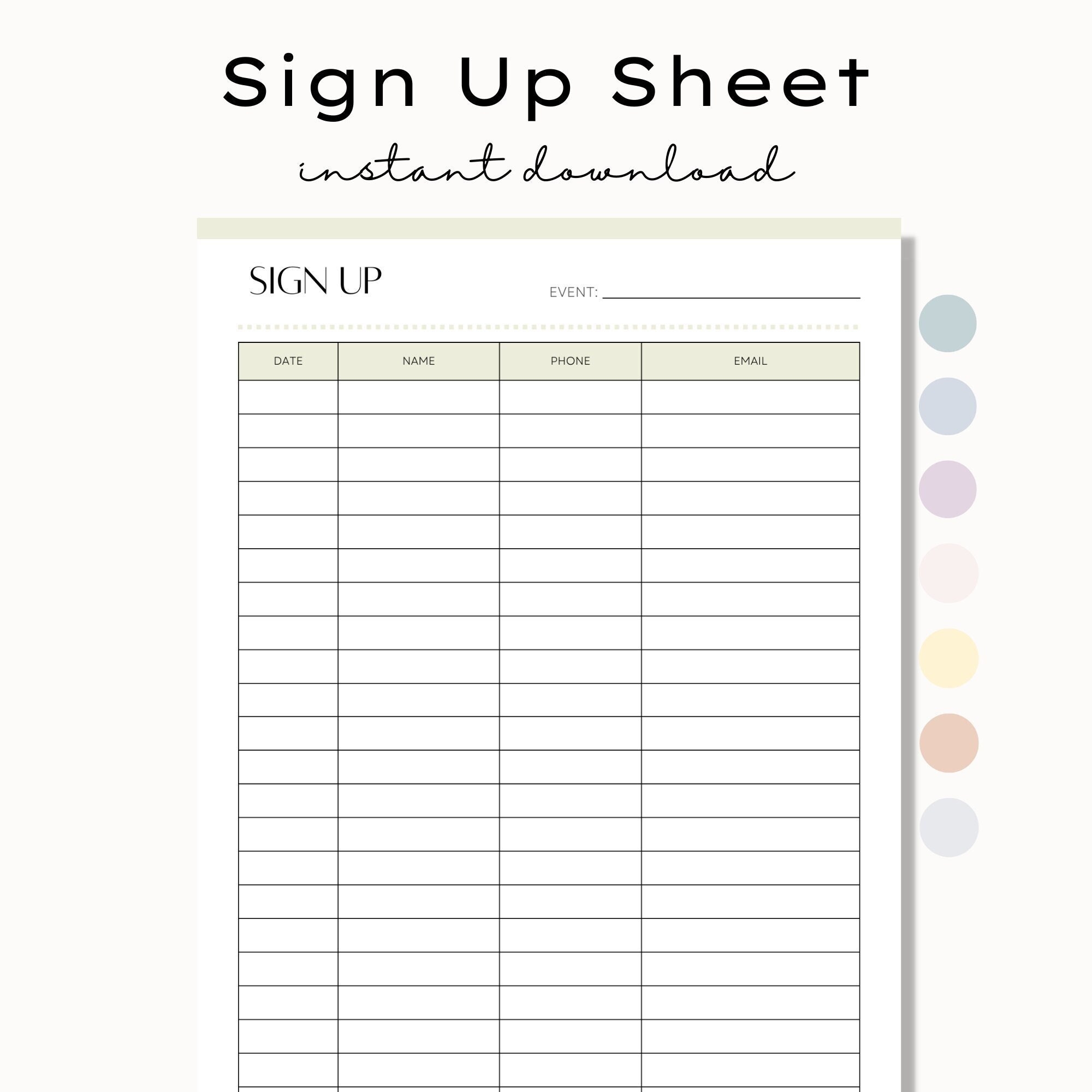 Printable Sign Up Sheet Contact Sheet Event Sign Up Form Party Sign 