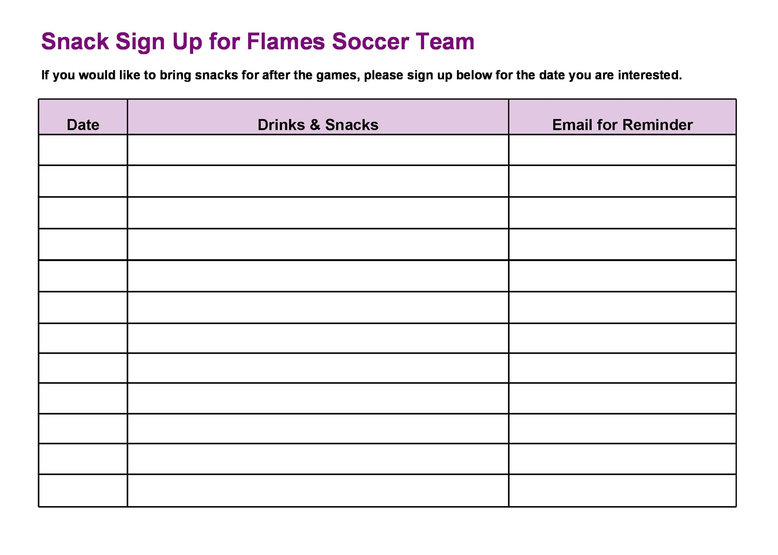 Printable Sign Up Sheets