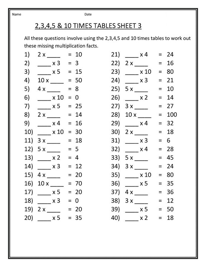 Printable Times Table Sheets Free