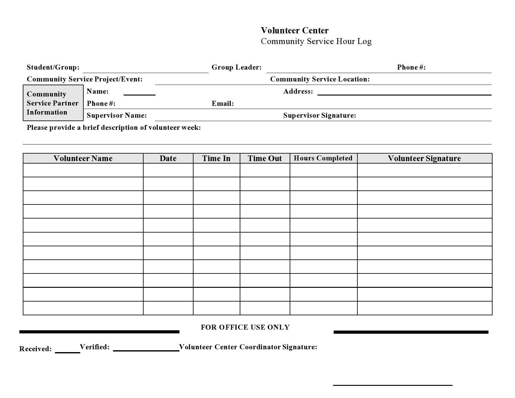 Printable Volunteer Hours Log Sheet