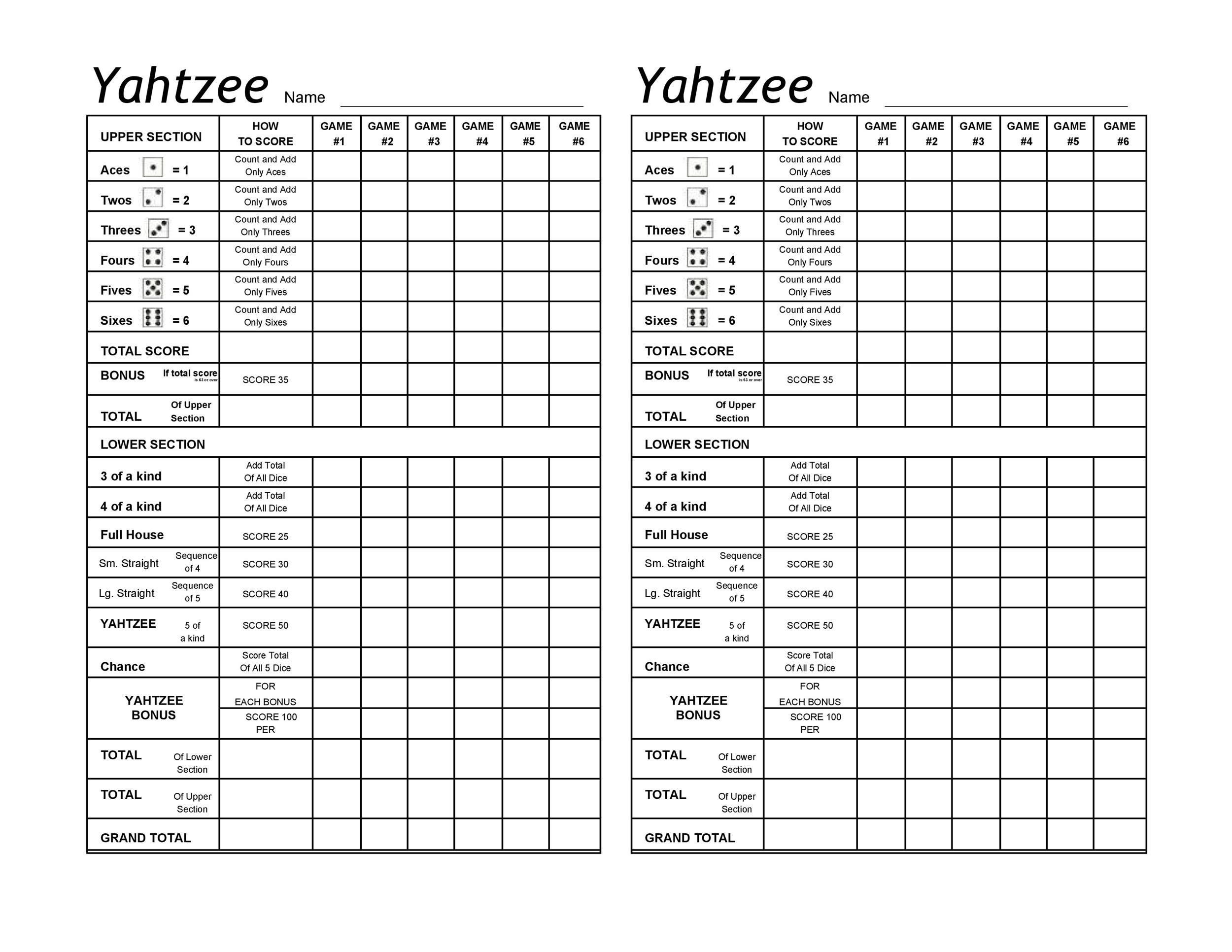 Printable Yahtzee Score Sheets 4 Per Page