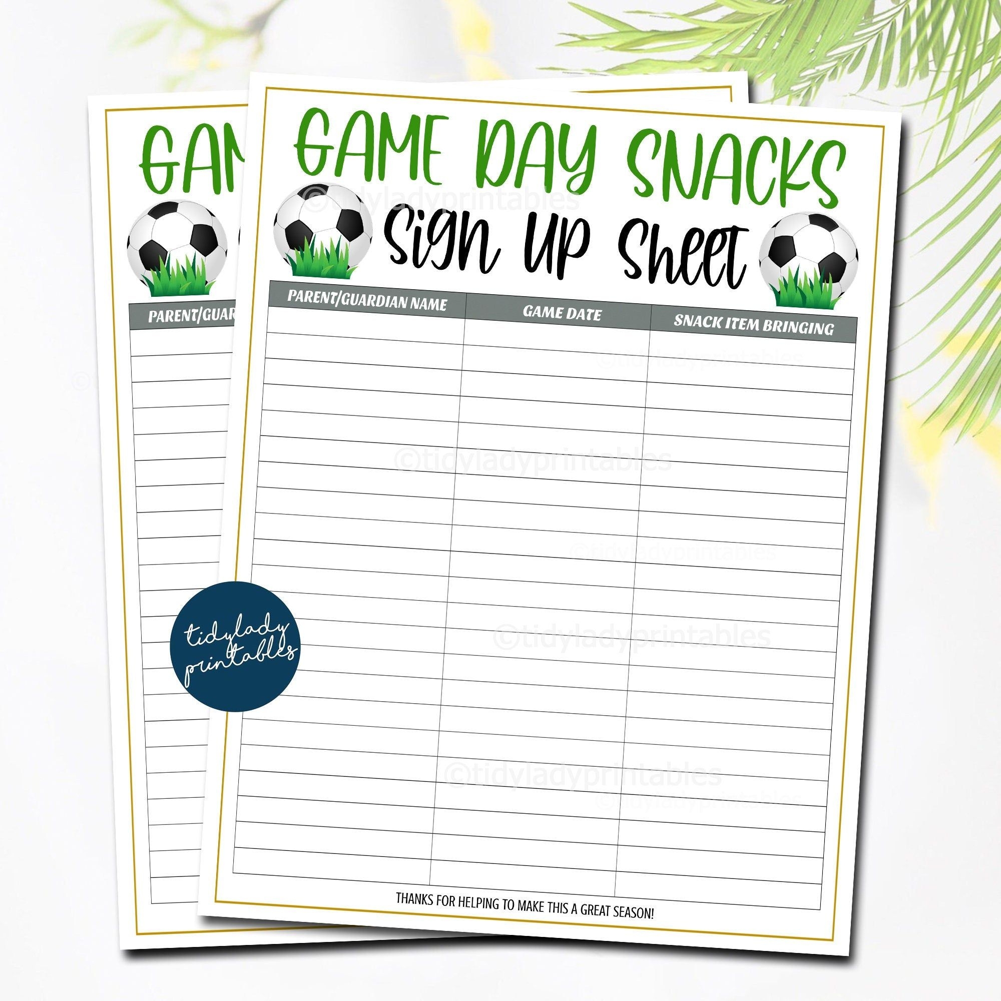 Soccer Snack Volunteer Sheet Soccer Printable Snack Sign Up Sheet 
