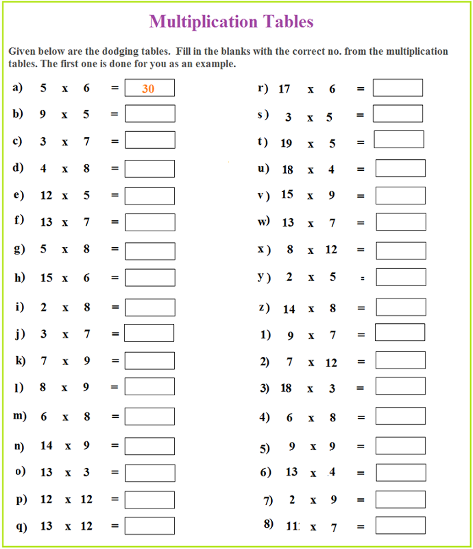 Times Tables Practice Sheets Printable