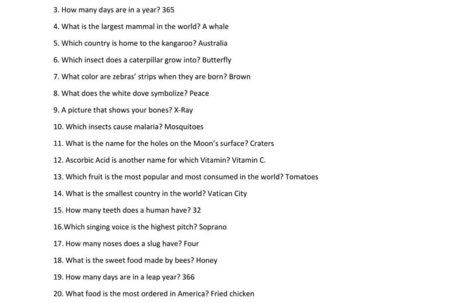 Trivia Sheets Printable