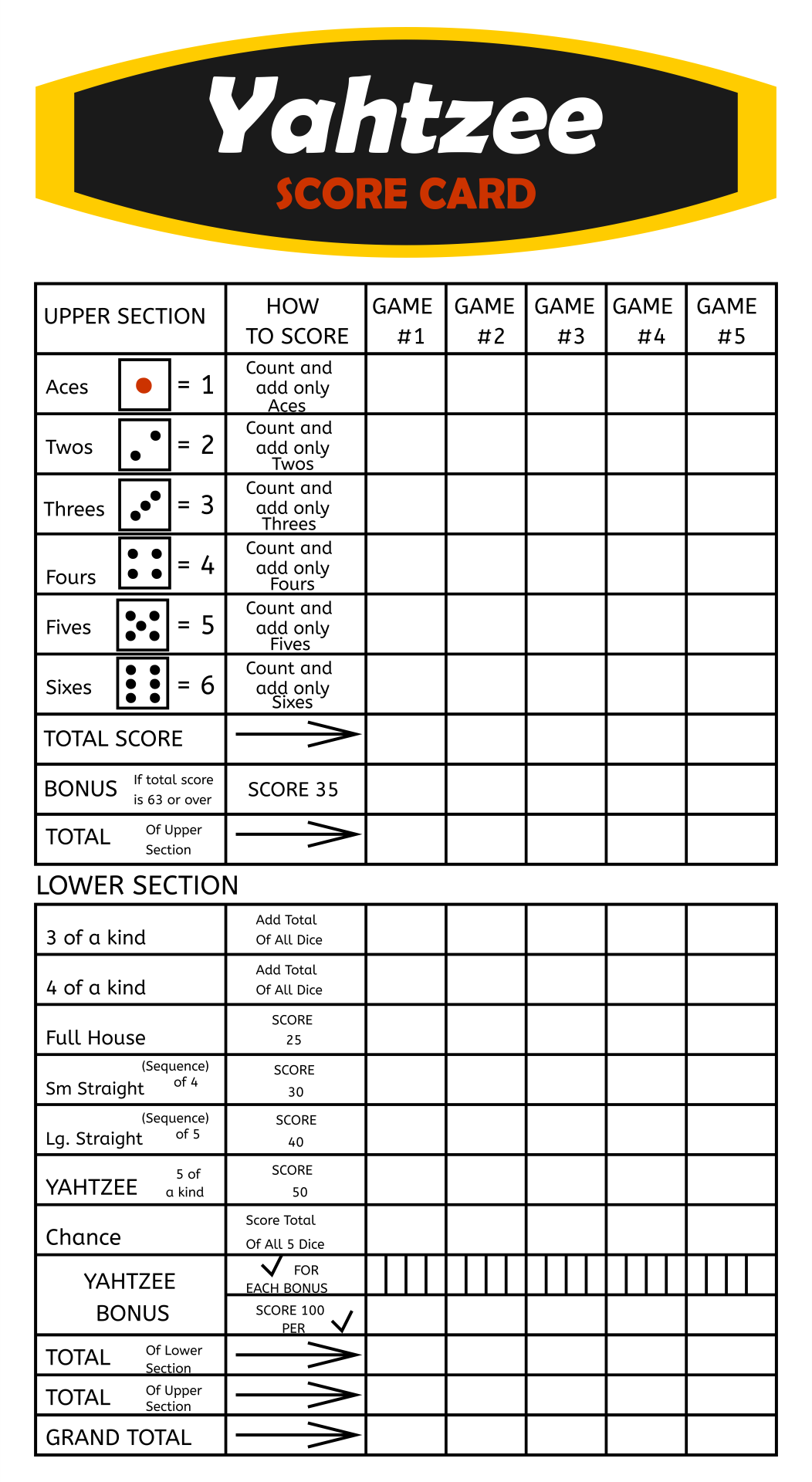 Yahtzee Printable Score Sheets