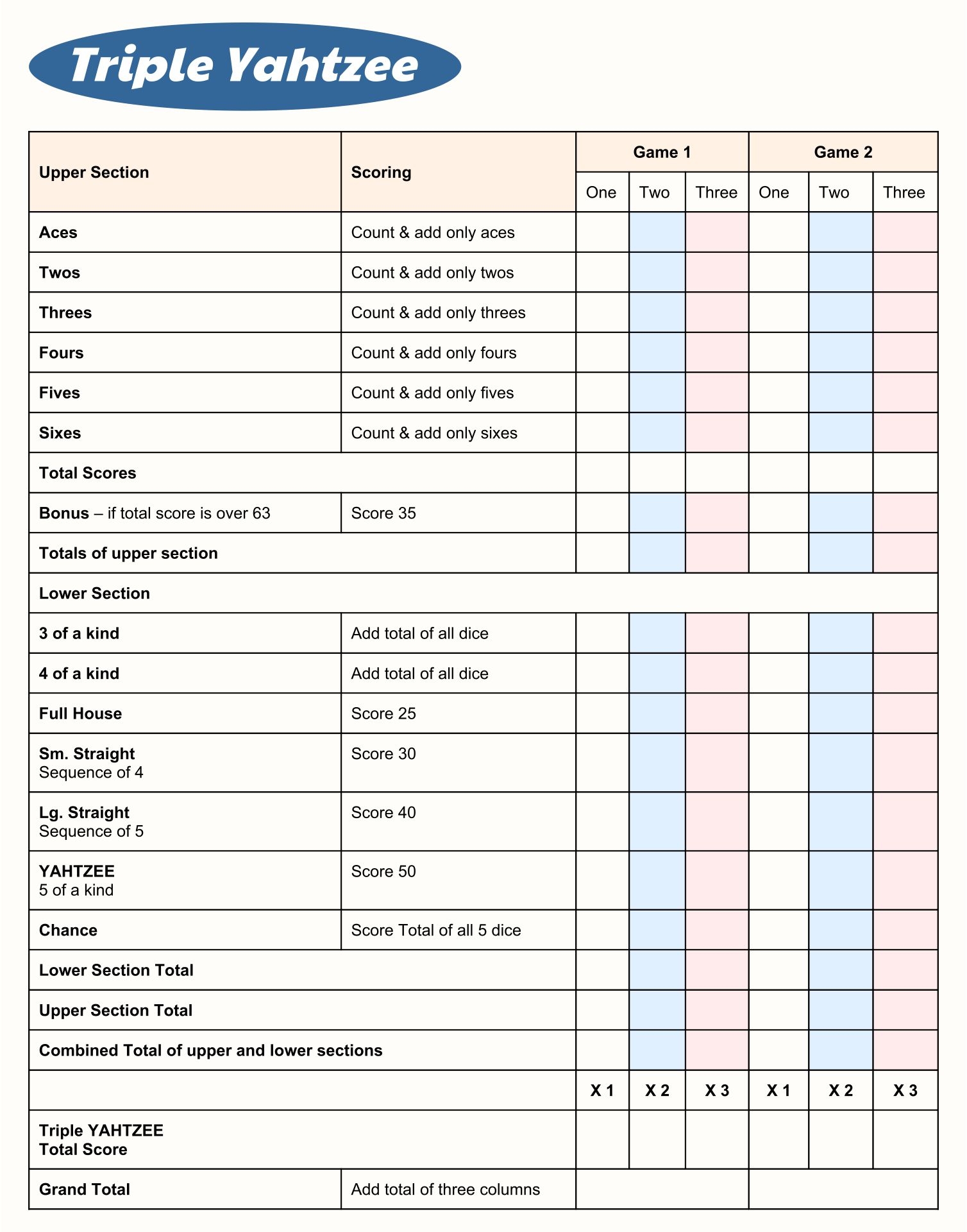 Yahtzee Printable Sheet