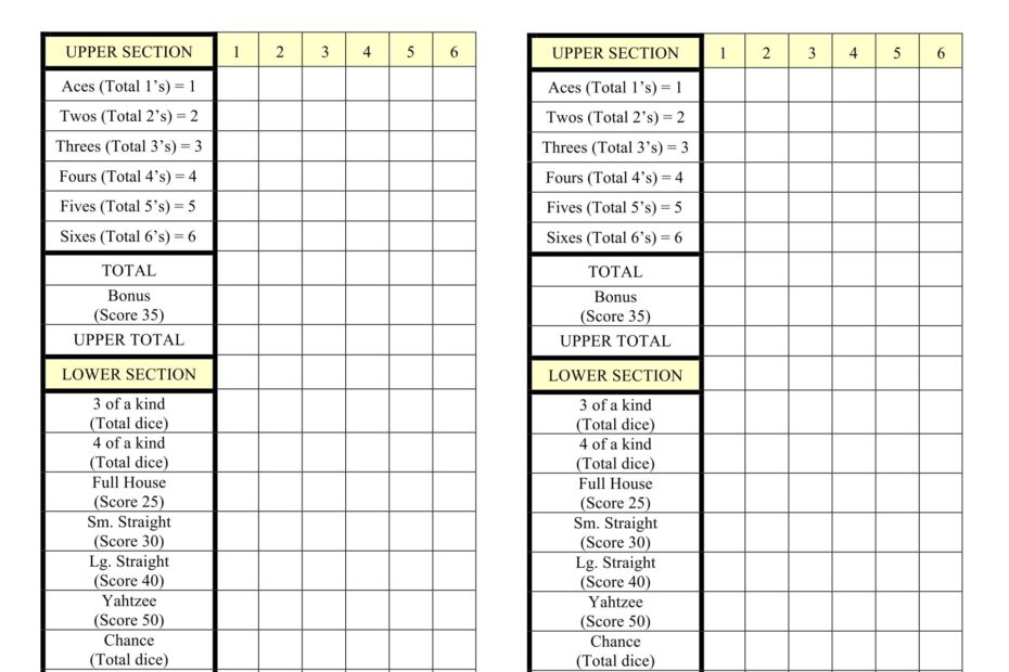 Yahtzee Score Sheet Printable Free