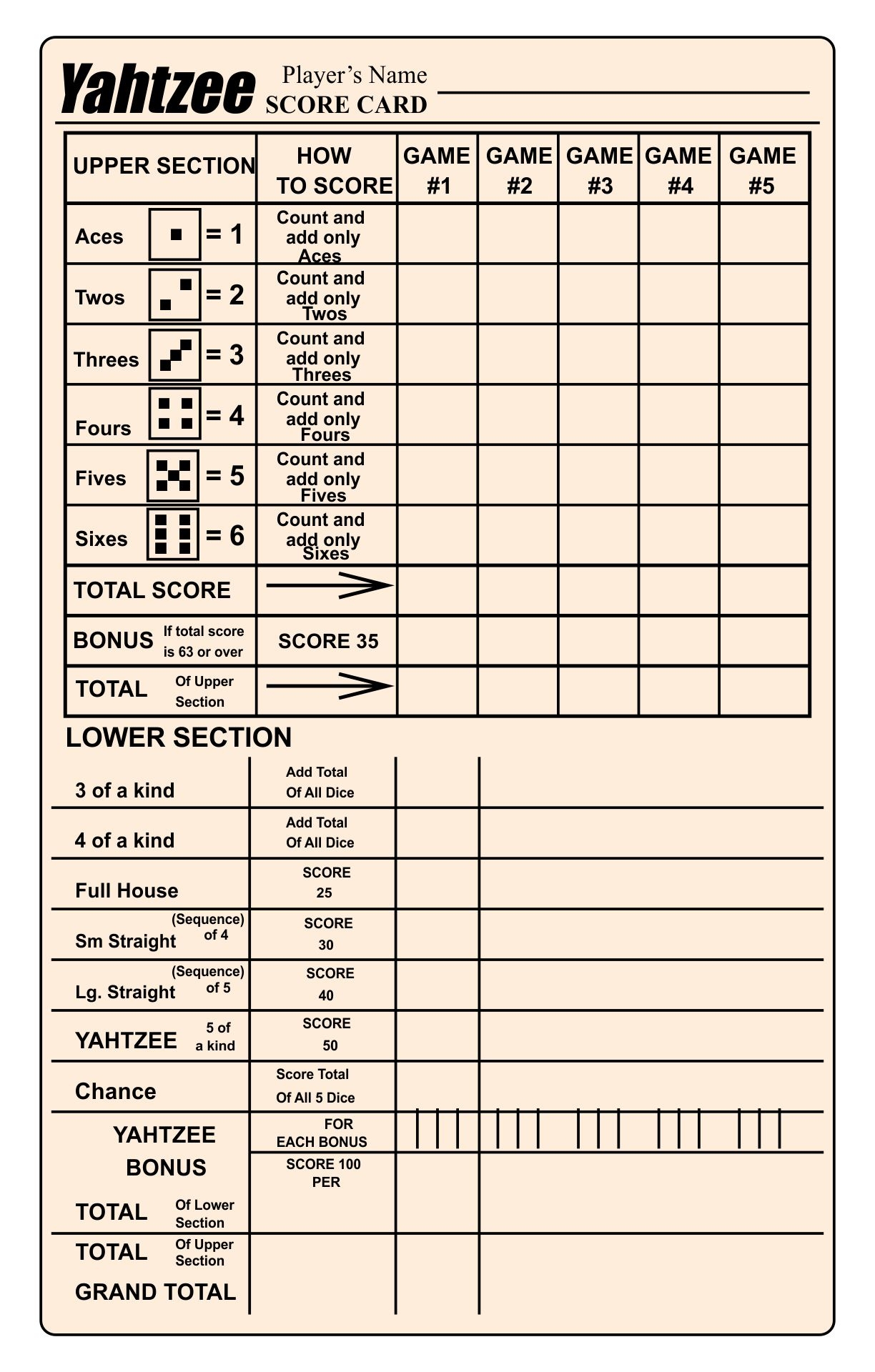 Yahtzee Score Sheets Color